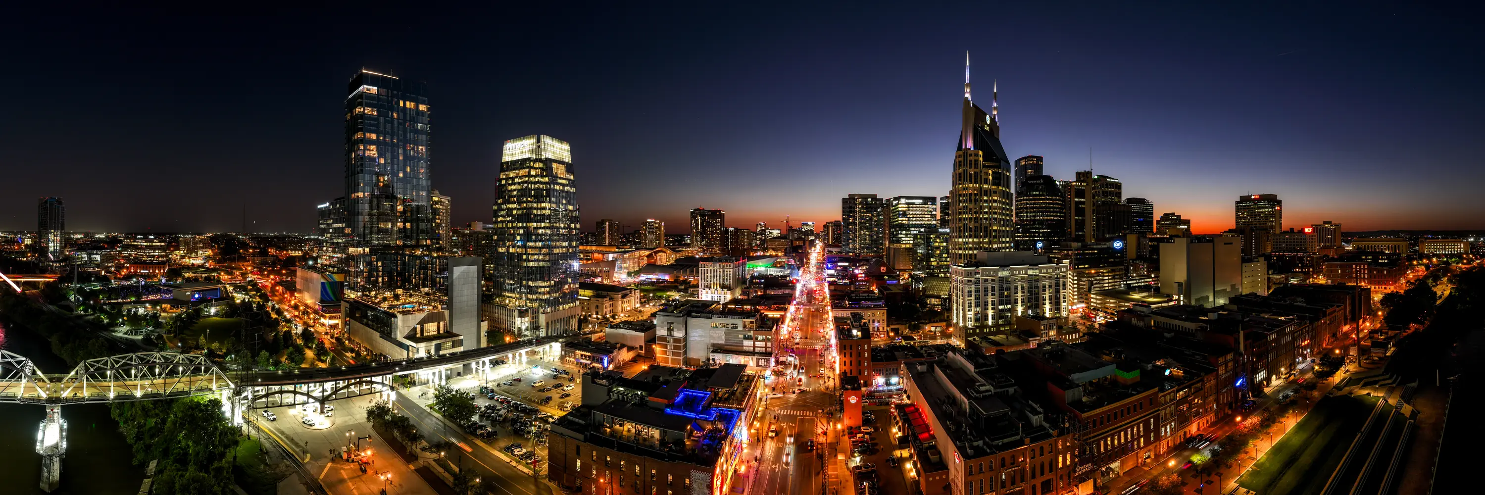 Aerial panorama of the Nashville skyline at night